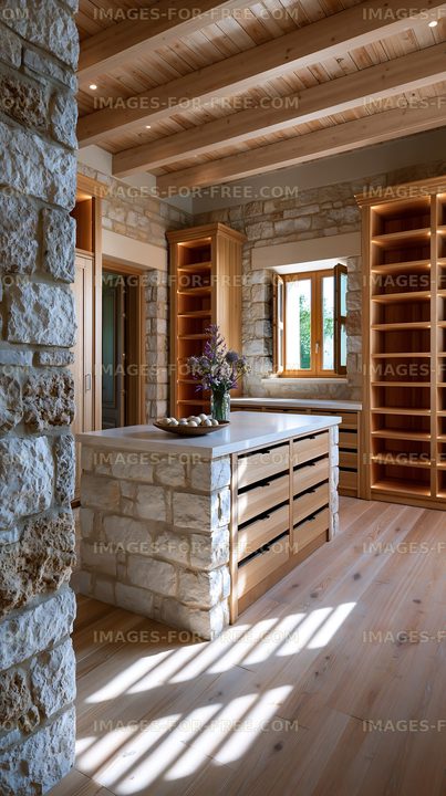Modern kitchen with stone walls and wooden shelves