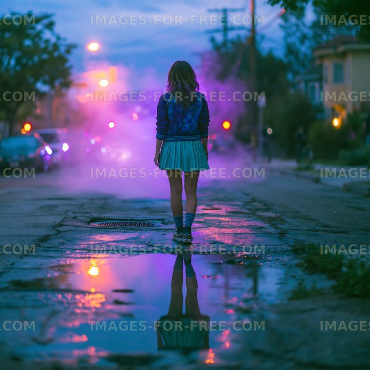 Girl walking in a street with fog and reflections at dusk
