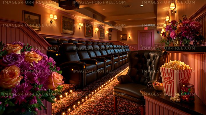 Elegant movie theater with plush seating and popcorn
