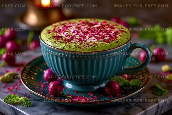 Green matcha drink with decorative toppings on a marble surface