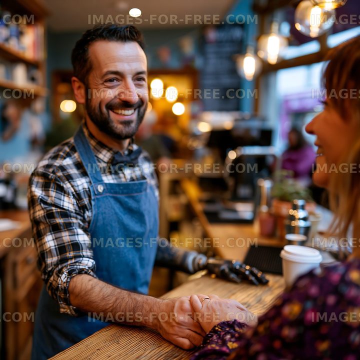 Barista serving coffee to a customer in a cafe