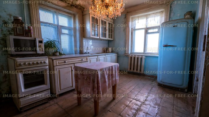 Old kitchen with blue walls and vintage appliances