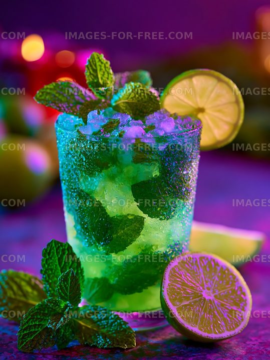 Fresh mojito cocktail with mint and lime on a colorful background