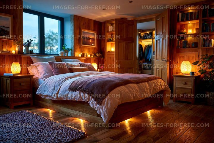 Cozy bedroom with warm lighting and wooden furniture