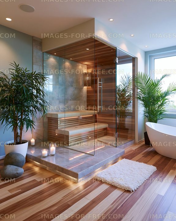 Modern bathroom with glass shower and sauna area