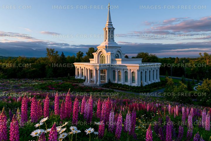 Flower fields surround a white building with a steeple at sunset