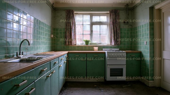 Old kitchen with green tiles and worn surfaces