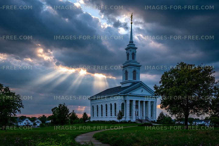 Church building under cloudy sky with sunlight