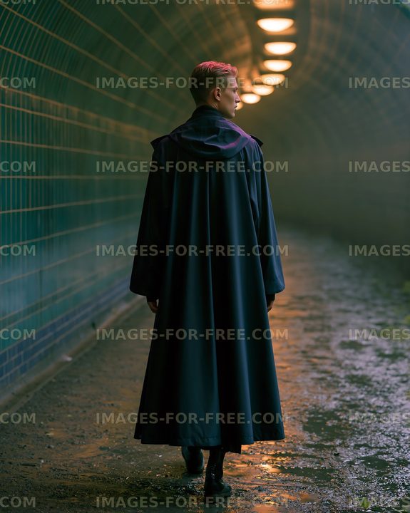 Person walking in a dark tunnel wearing a long cloak