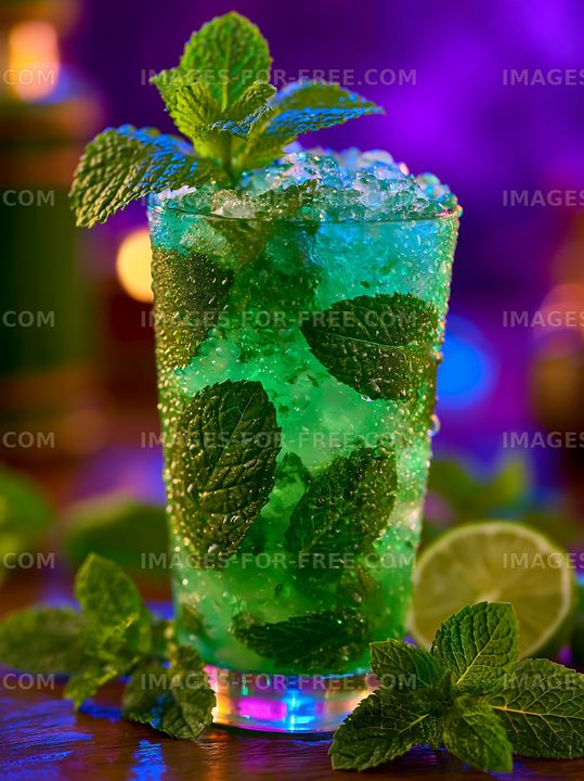 Mojito drink with mint leaves and lime on a wooden table
