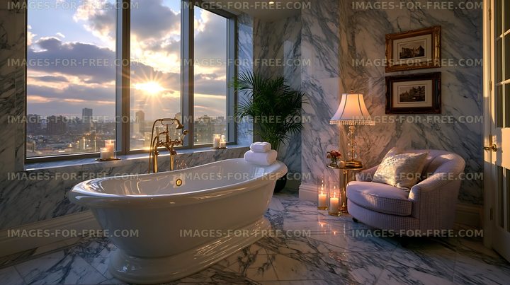 Luxury bathroom with a bathtub and city view at sunset
