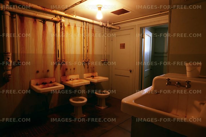 Old bathroom with dirty sinks and pipes in a dimly lit space