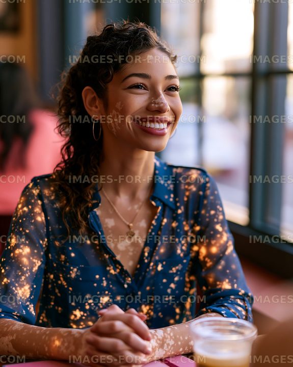 Woman smiling while sitting at a cafe table in the city