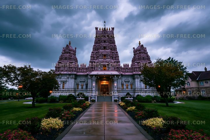 Hindu temple stands tall under cloudy sky in evening light