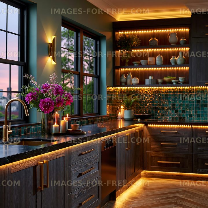 Modern kitchen with flowers and warm lighting at dusk