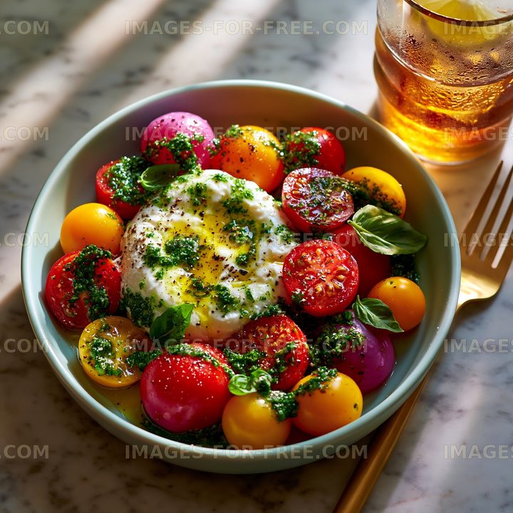 Fresh salad with cherry tomatoes and burrata on a marble table