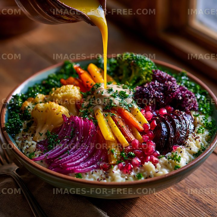 Colorful vegetable bowl with dressing on a wooden table