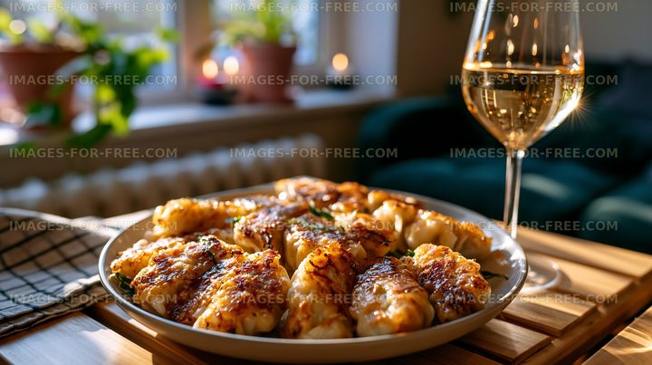 Delicious dish served on a plate with wine in a cozy setting