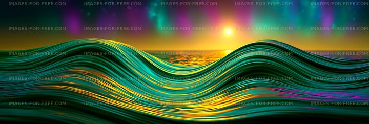 Colorful waves under the sunset and aurora in the ocean
