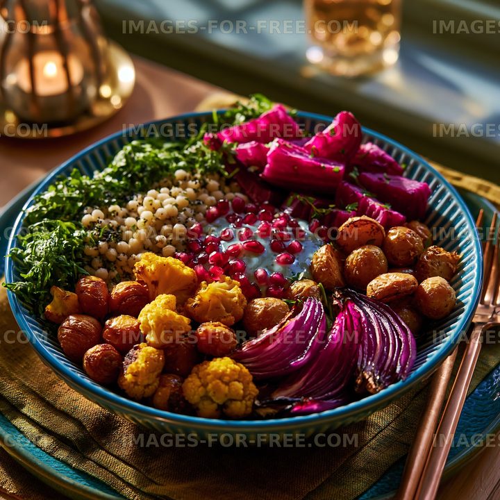 Colorful bowl of healthy food with various vegetables and grains