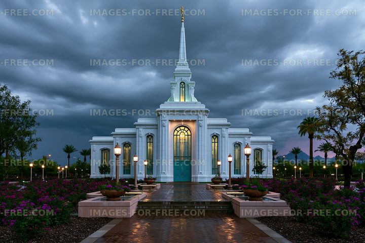 Church building with a tall spire under stormy sky