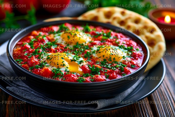 Delicious dish with eggs in tomato sauce and flatbread