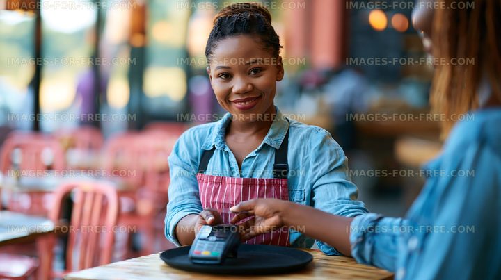 Server assisting customer with payment at a cafe table