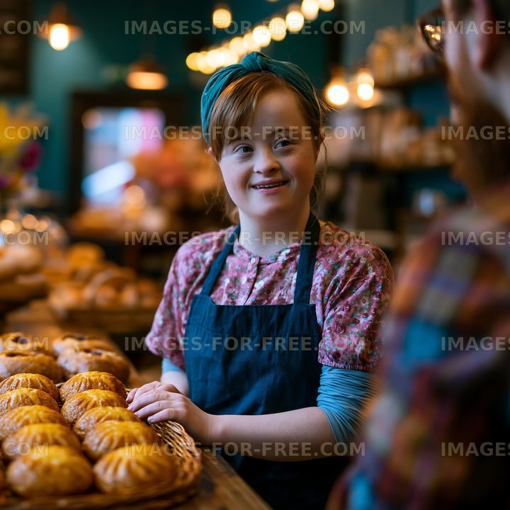 Young woman serves pastries in a bakery with warm lighting