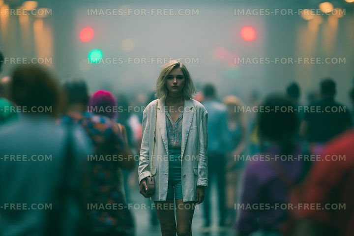 Woman stands alone in a crowded city street with dim lighting