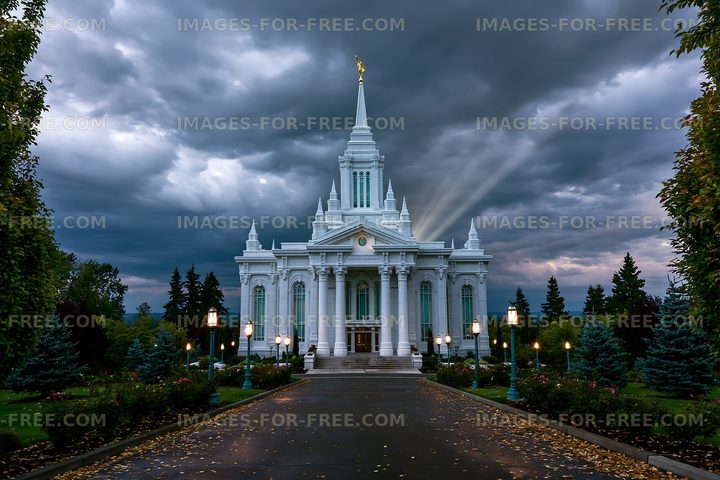 White temple under dark clouds with trees and path