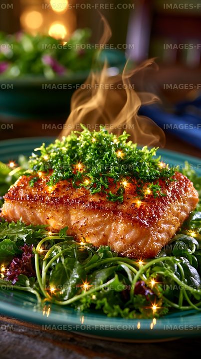 Salmon fillet served on a bed of greens with garnish