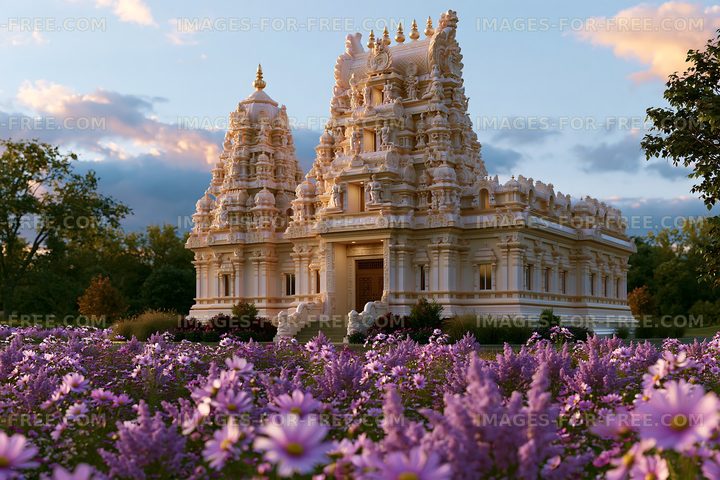 Beautiful temple surrounded by purple flowers at sunset