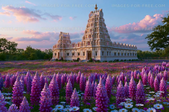 Temple surrounded by flowers in a field during sunset
