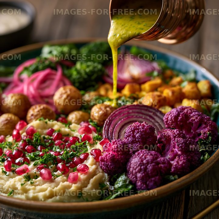 Colorful bowl of healthy food with dressing poured on top