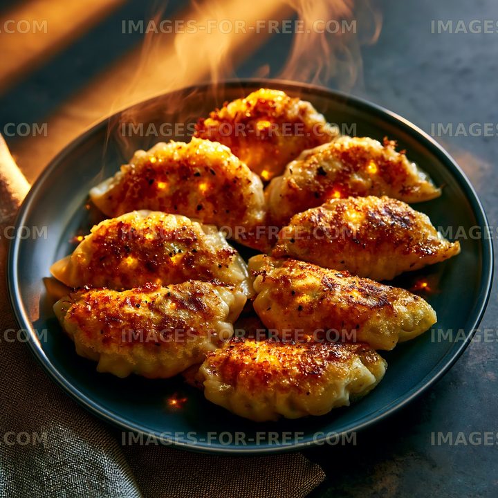 Golden dumplings on a dark plate with steam rising