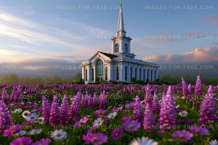 Church surrounded by flowers at sunset