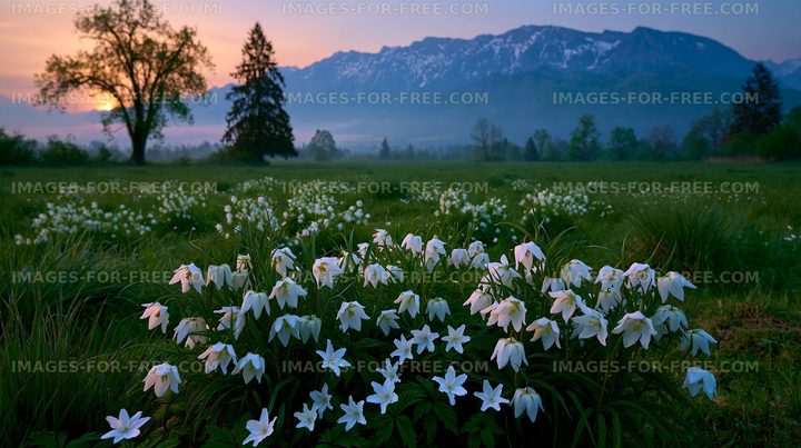 Flowers bloom in a field near mountains at sunrise