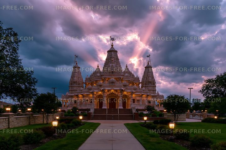 Sunset view of a large temple with dramatic clouds