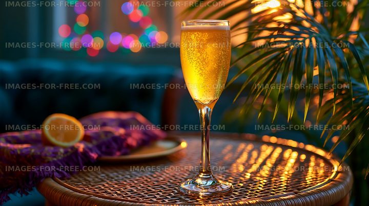 Golden drink in a glass on a wooden table with festive lights