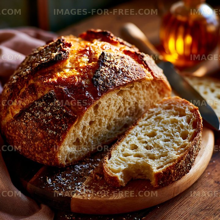 Freshly baked bread on a wooden cutting board with a knife