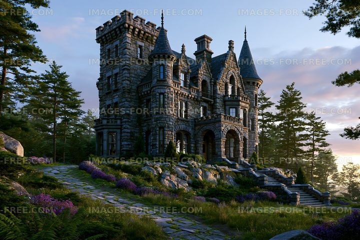 Historic stone castle surrounded by trees and flowers at sunset