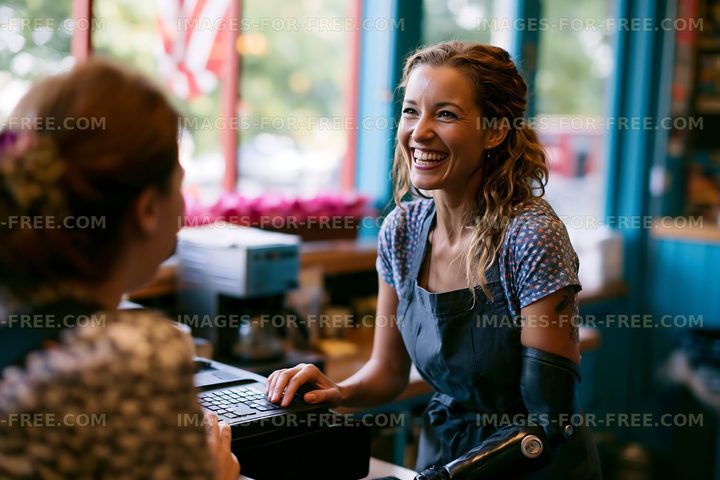 Barista serving coffee in a cafe with a friendly smile