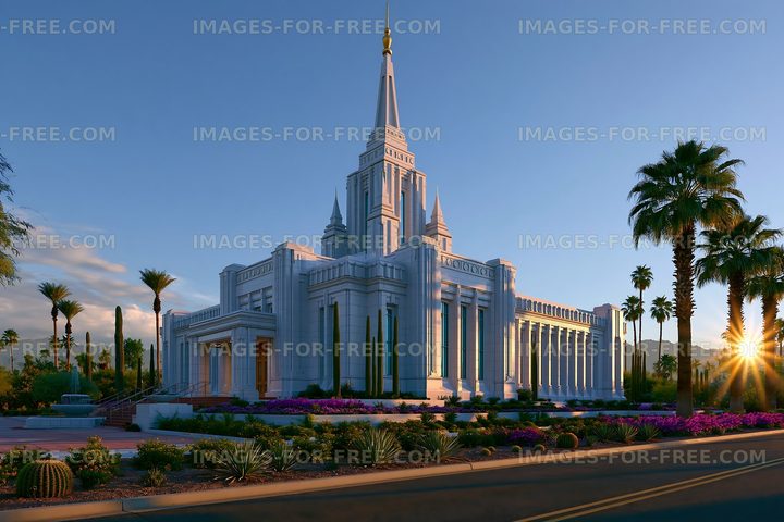Modern temple with spires at sunset in a desert landscape