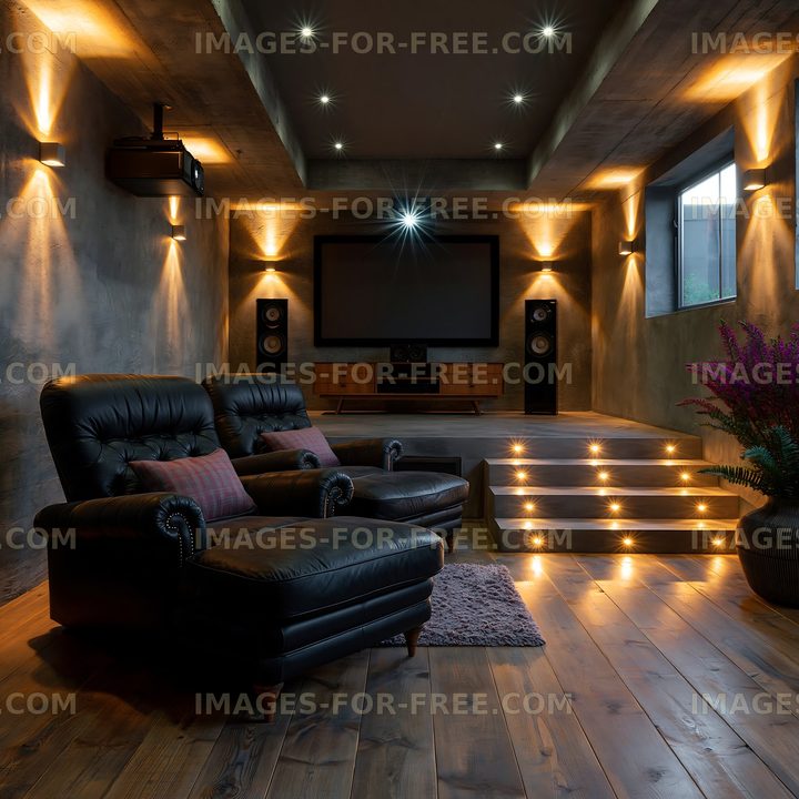 Modern home theater interior with seating area and lighting