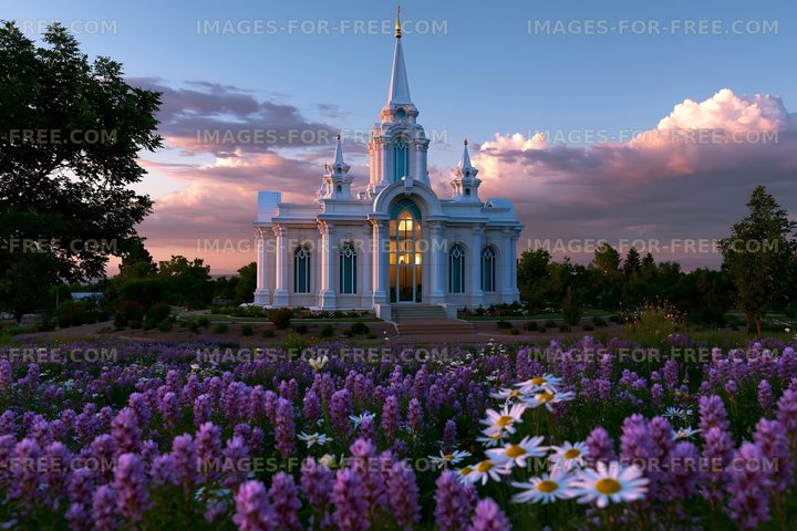Colorful flowers in front of a white building during sunset