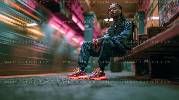 Man sitting on a bench in a subway station with passing train