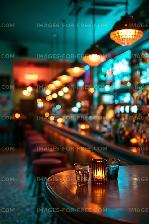 Bar interior with drinks and ambient lighting at night