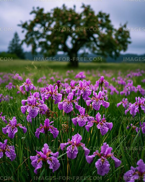 Purple flowers bloom in a field under a cloudy sky