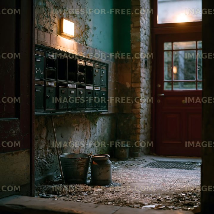 Old entrance hallway with mailboxes and cleaning supplies