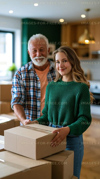 Grandfather and granddaughter packing boxes at home